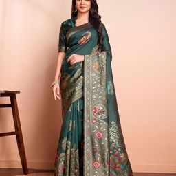 RICH & ROMAN Ethnic Motifs Zari Woven Pure Silk Banarasi Saree-image-87