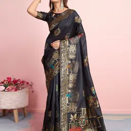 RICH & ROMAN Woven Design Zari Pure Silk Banarasi Saree-image-87