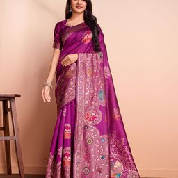 RICH & ROMAN Ethnic Motifs Woven Design Zari Pure Silk Banarasi Saree-picture-57