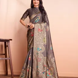 RICH & ROMAN Ethnic Motifs Zari Woven Pure Silk Banarasi Saree-image-94