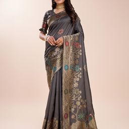 RICH & ROMAN Ethnic Motifs Zari Woven Pure Silk Banarasi Saree-image-51