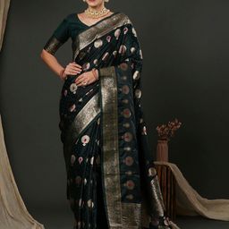 Anouk Green Ethnic Motifs Woven Design Silk Blend Banarasi Saree-25