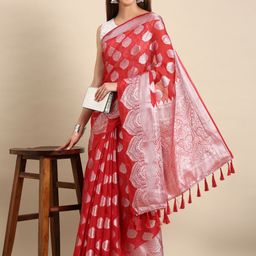 Anouk Red & Silver-Toned Ethnic Woven Design Organza  Banarasi Saree-image-48