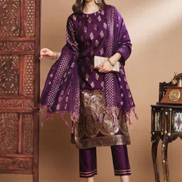VredeVogel Woven Design Floral Regular Kurta with Trousers & Dupatta-picture-47