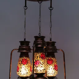 Devansh Set of 3 Copper & Magenta Antique Cluster Lantern Mosaic Glass Hanging Lamp-25
