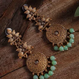 Jazz and Sizzle Women Gold-Toned & Green Floral Drop Earrings-16