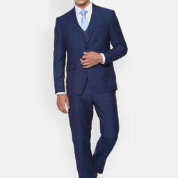 Louis Philippe Men Navy Blue Self Design Slim-Fit Single-Breasted Formal Three-Piece Suit-image-32