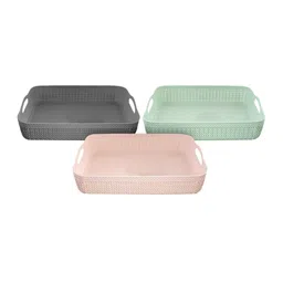 Kuber Industries Set Of 3 Green & Pink Textured Multi Utility Plastic Basket Organisers-10