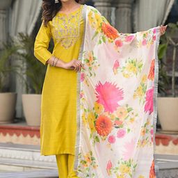 Varanga Ethnic Motifs Yoke Design Regular Thread Work Kurta with Trousers & With Dupatta-image-42