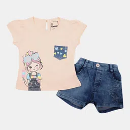 V-Mart Girls Printed Pure Cotton Top with Denim Shorts-13