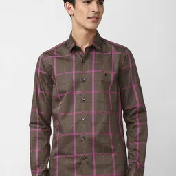 SIMON CARTER LONDON Men Brown Slim Fit Tartan Checked Pure Cotton Casual Shirt-image-26