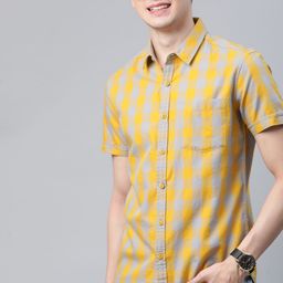 HERE&NOW Men Grey & Mustard Yellow Pure Cotton Slim Fit Checked Casual Shirt-image-90