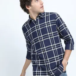 HIGHLANDER Men Navy Blue Slim Fit Windowpane Checked Casual Shirt-picture-40