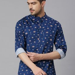 HERE&NOW Navy Blue Classic Slim Fit Printed Mandarin Collar Pure Cotton Casual Shirt-image-62