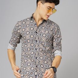 PAUL STREET Standard Slim Fit Geometric Printed Spread Collar Cotton Casual Shirt-image-82