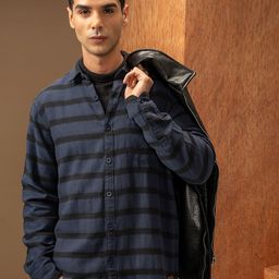 Locomotive Premium Men Navy Relaxed Fit Dobby Textured Striped Shirt-image-71