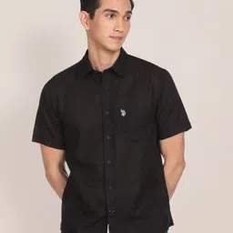 U S Polo Assn Men Black Embroidered Tailored Fit Cotton Linen Casual Shirt-image-92