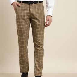 SOJANYA Men Khaki & Off-White Checked Smart Fit Trousers-picture-57
