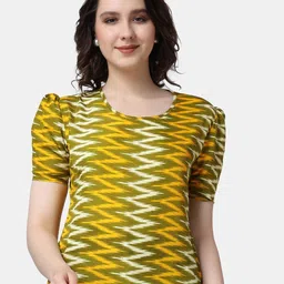 Popwings Geometric Printed Puff Sleeves Round Neck Top-image-52