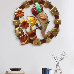 eCraftIndia Brown & Gold-Toned Handcrafted Lord Ganesha In Krishna Avatar Wall Decor-image-18