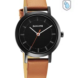 Sonata Women Black Brass Dial & Brown Leather Straps Analogue Watch 8174NL03-32