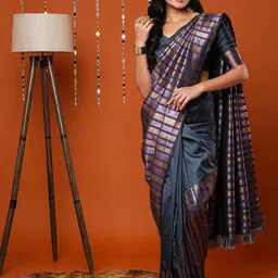 Anouk Grey & Purple Striped Silk Blend Banarasi Saree-38