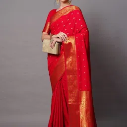 Mitera Red & Gold-Toned Woven Design Zari Silk Blend Banarasi Saree-14
