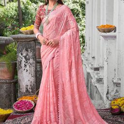 Anouk Pink Floral Woven Design Pure Chiffon Bagru Saree-image-92