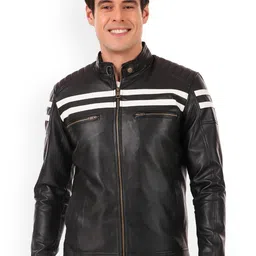 Leather Retail Men Black Outdoor Biker Jacket with Patchwork-image-99
