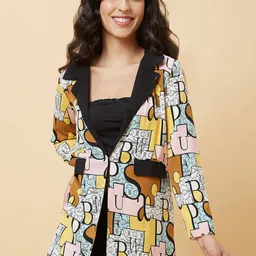 Globus Brown Typography Printed Long Sleeves Open Front Jacket-19