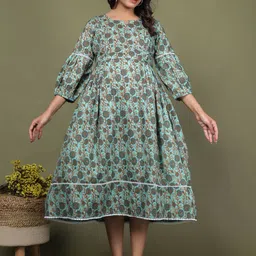 LALI JAIPUR Floral Printed Puff Sleeves Cotton Maternity Dress-image-47