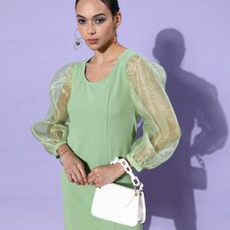 StyleStone Green Puff Sleeve Sheath Dress-image-6