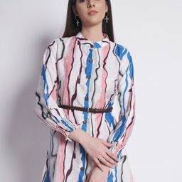 DressBerry Abstract Printed Band Collar Shirt Dress With Belt-image-31
