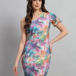 SCORPIUS Floral Printed One Shoulder Bodycon Dress-18