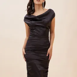 Antheaa Cowl Neck Extended Sleeves Gathered Satin Sheath Dress-image-60
