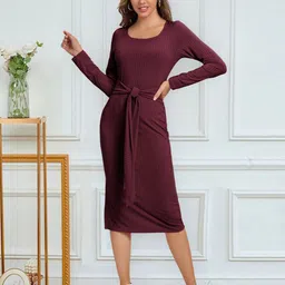 StyleCast Maroon Square Neck Tie Up Sheath Dress-image-11