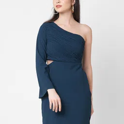 MISH Teal One Shoulder Georgette Sheath Cut-Outs Dress-picture-42
