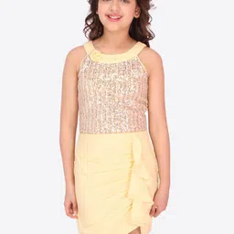 CUTECUMBER Girls Yellow & Silver-Toned Embellished Georgette Sheath Dress-35