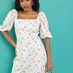 Tokyo Talkies Off White & Pink Floral Print Puff Sleeve Sheath Dress-image-22