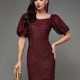 Miss Chase Maroon Self Design Sweetheart Neck Puff Sleeve Bodycon Dress-57