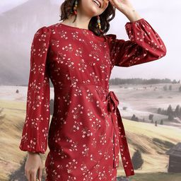 Tokyo Talkies Maroon & White Floral Printed Puff Sleeve Sheath Dress-image-5