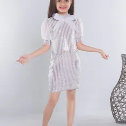 Ministitch Girls Striped Embellished Puff Sleeve Net Georgette Sheath Dress-image-95