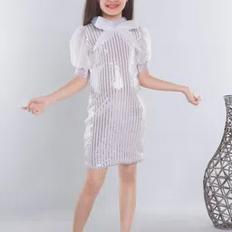 Ministitch Girls Striped Puff Sleeve Net Sequined Sheath Dress-picture-16