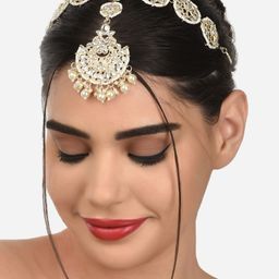Zaveri Pearls Gold-Plated White Kundan & Pearls Handcrafted Mathapatti Bridal Head Jewellery-5