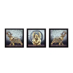 eCraftIndia Set Of 3 Gold-Coloured & Grey Buddha and Elephant Satin Matt Texture UV Wall Art-0