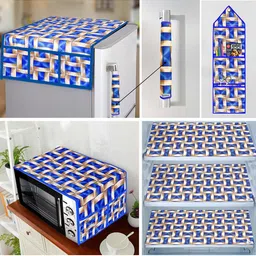 E-Retailer 7 Pieces Blue Geometric Printed  Fridge Oven & Fridge Mats Appliance Cover Set-25