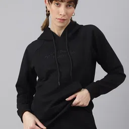 Fitkin Women Black Fleece Regular Fit Hooded Sweatshirt-image-89