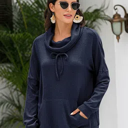 StyleCast Women Navy Blue Long Sleeves Cowl Neck Sweatshirt-image-53