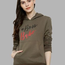 Campus Sutra Women Olive Green Typography Printed Cotton Hooded Sweatshirt-image-91