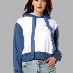 Campus Sutra Women White and Blue Printed Hooded Cotton Crop Sweatshirt-image-123